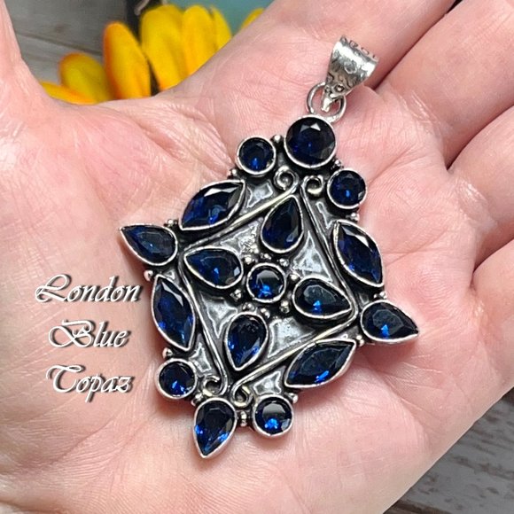 London Blue Topaz Pendant Gemstone Crystal Handmade 925 Silver Bohemian Ethnic - Picture 9 of 10